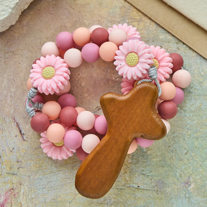 Christianartworkshop Children’s Silicone Pink Daisy Rosary with Wood Cross - image 5