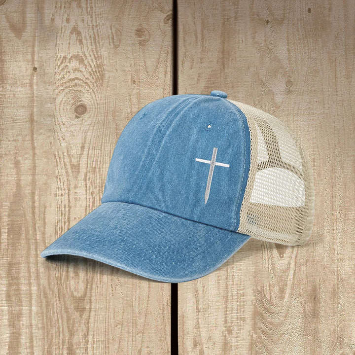 Christianartworkshop Cross Embroidered Trucker Cap: Faith - Filled Style & Spiritual Statement - Lake Blue - image 3