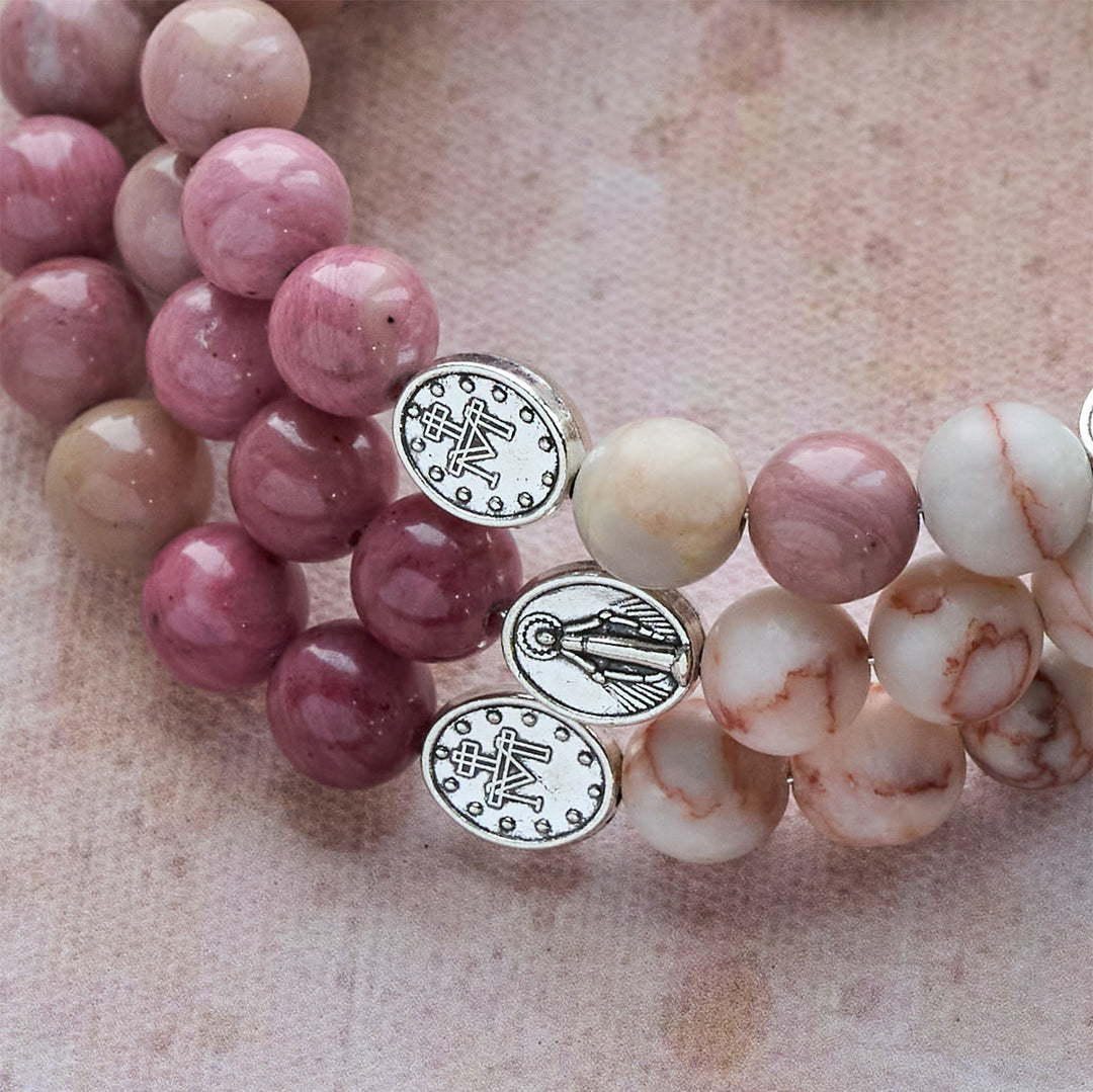 Christianartworkshop Rosewood Grain & Matte Web Stone Memory Wire Rosary Bracelet with Marian Medals - image 6