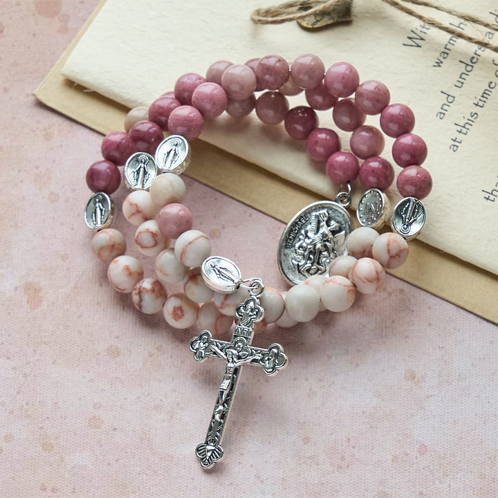 Christianartworkshop Rosewood Grain & Matte Web Stone Memory Wire Rosary Bracelet with Marian Medals - image 3