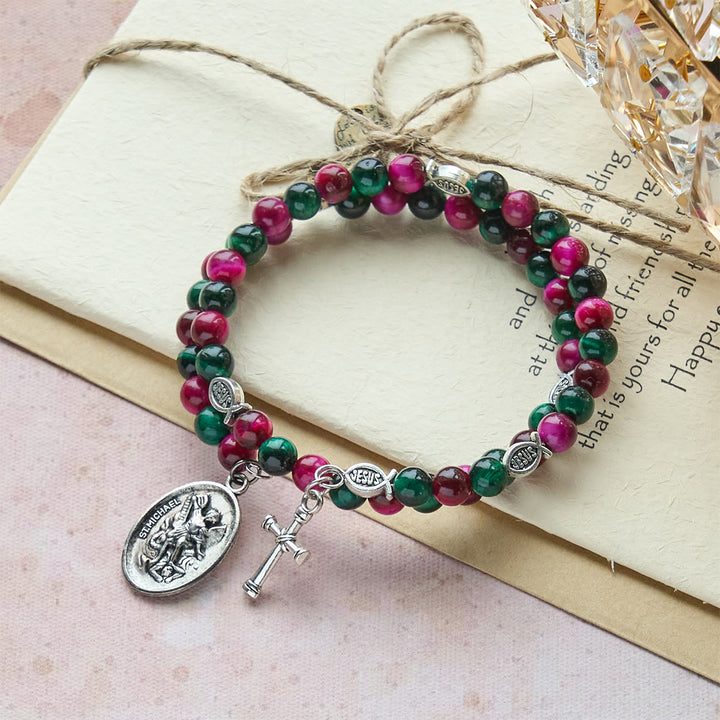 Christianartworkshop Dual-Toned Tiger Eye Memory Wire Rosary Bracelet with Saint Michael - image 2