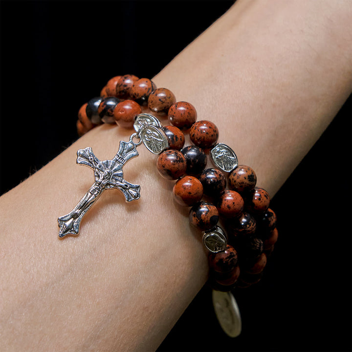 Christianartworkshop Natural Mahogany Obsidian Memory Wire Rosary Bracelet with Jesus - image 1
