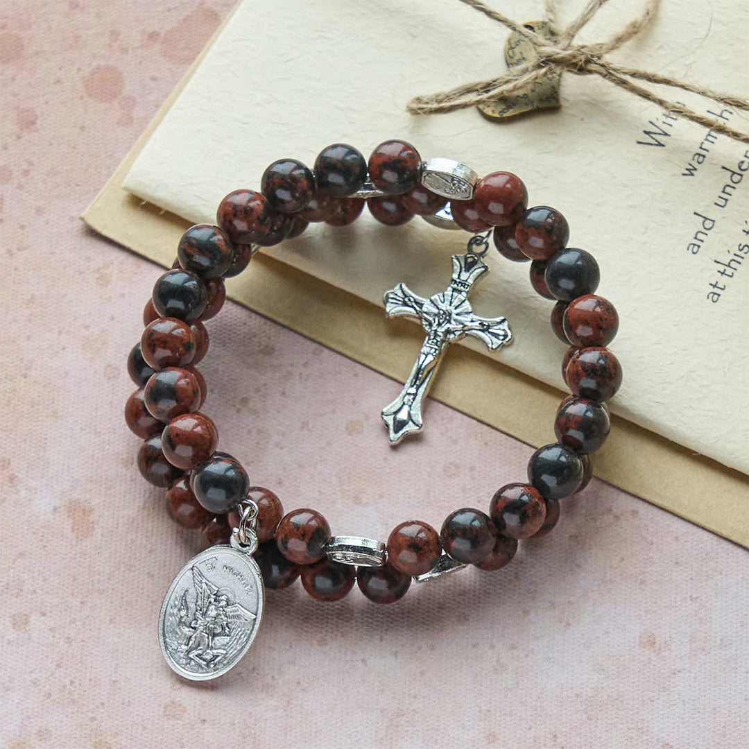 Christianartworkshop Natural Mahogany Obsidian Memory Wire Rosary Bracelet with Jesus - Wrist Circumference: 7.09"-9.45"/18-24cm - image 0