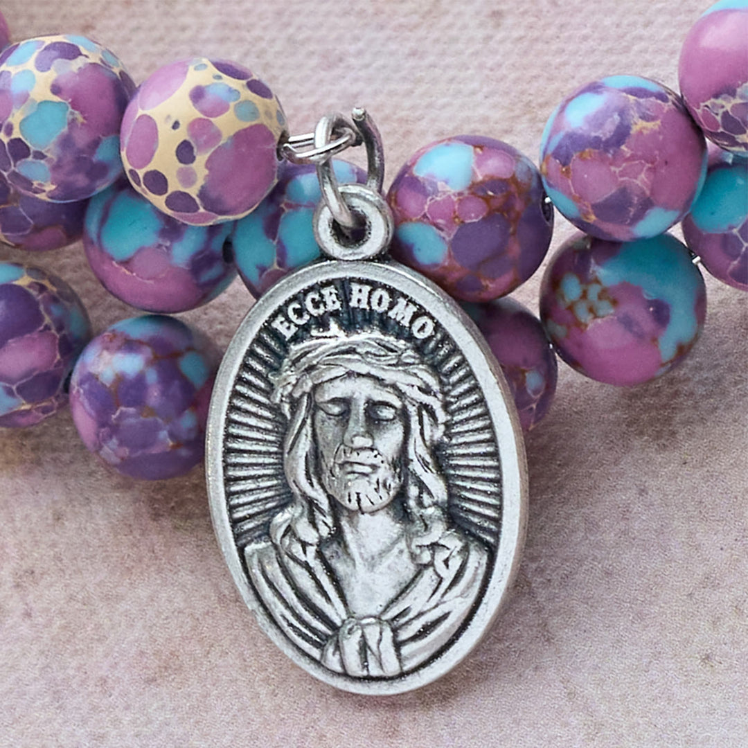 Christianartworkshop Purple Imperial Jasper Memory Wire Rosary Bracelet with Enamel Crucifix - image 8