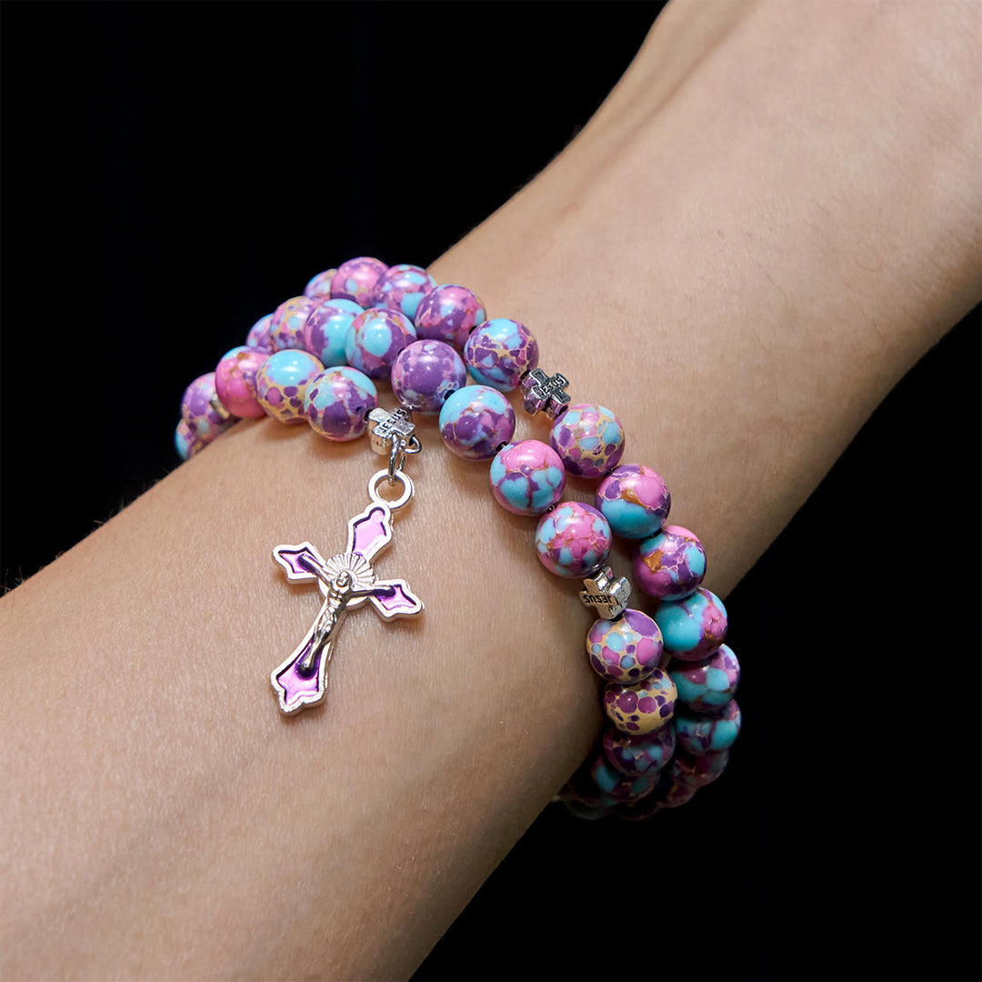 Christianartworkshop Purple Imperial Jasper Memory Wire Rosary Bracelet with Enamel Crucifix - image 1