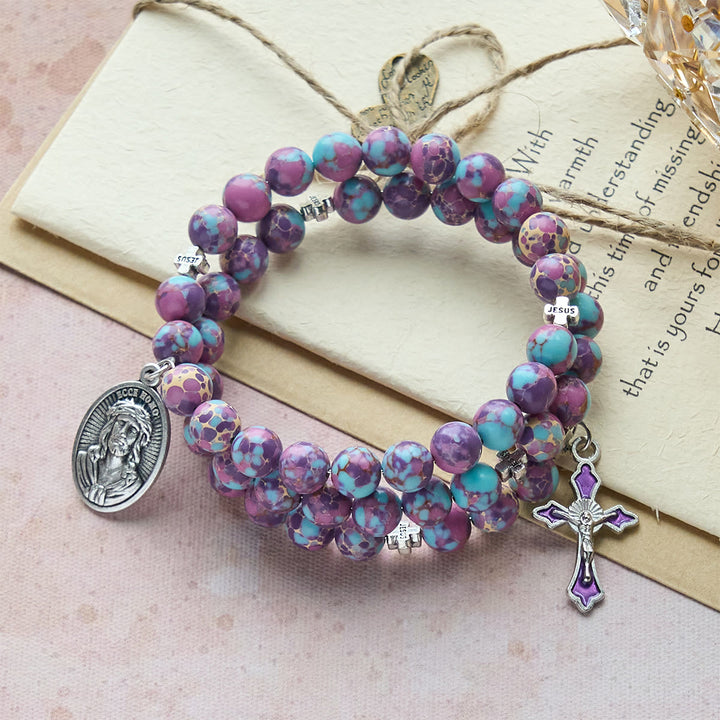 Christianartworkshop Purple Imperial Jasper Memory Wire Rosary Bracelet with Enamel Crucifix - Wrist Circumference: 7.09"-9.45"/18-24cm - image 0