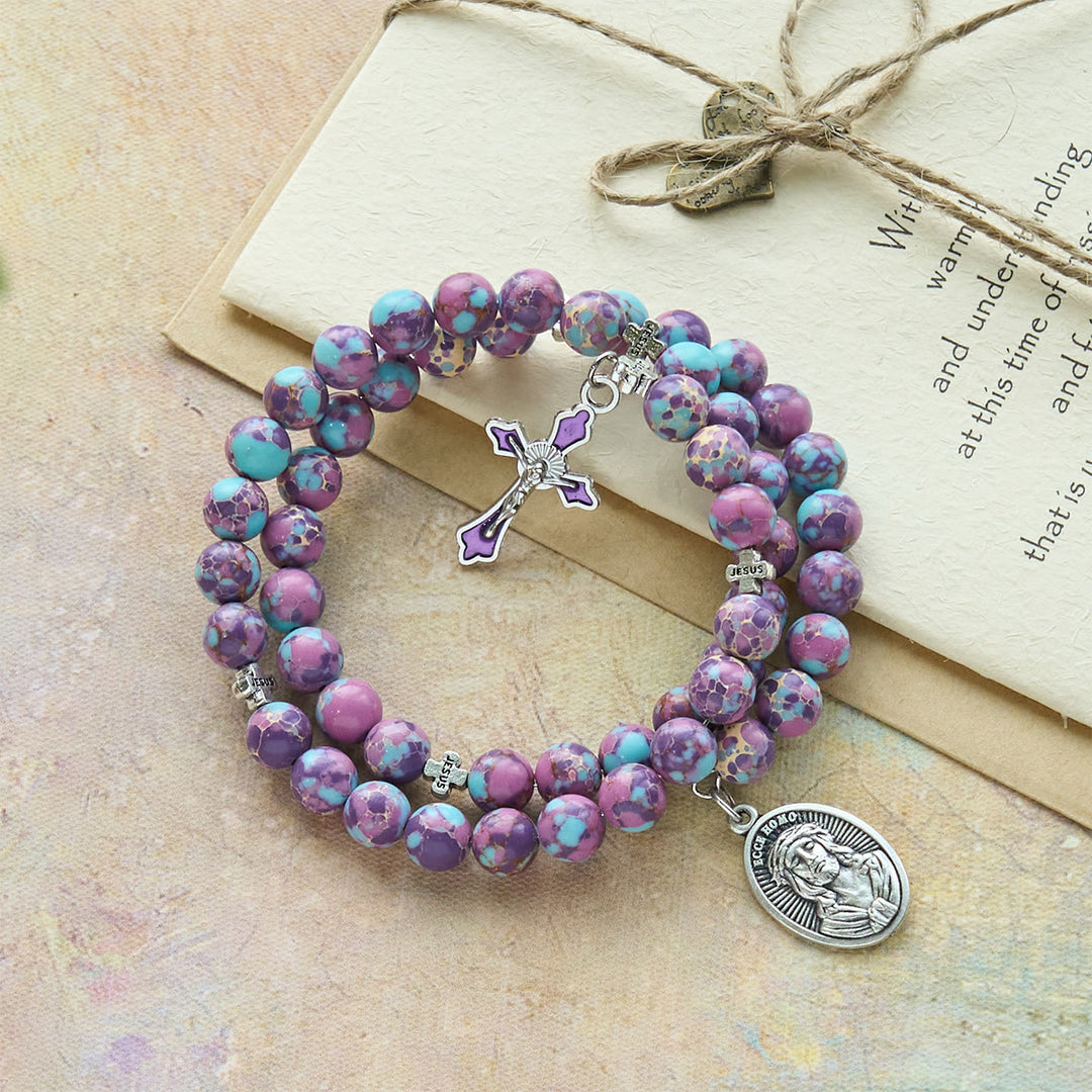 Christianartworkshop Purple Imperial Jasper Memory Wire Rosary Bracelet with Enamel Crucifix - image 3