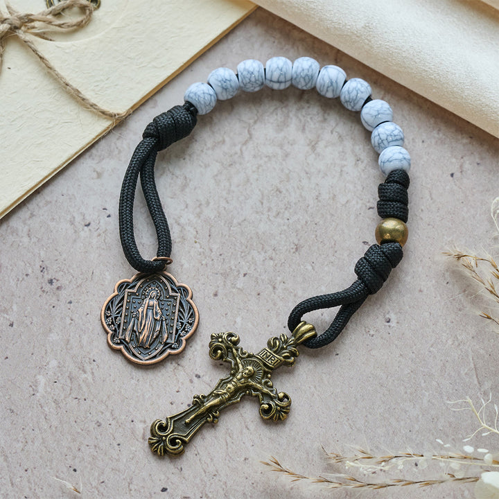 Christianartworkshop Matte White Crackle Beads with Ornate Brass Crucifix Rosary, Pocket Rosary - Pocket Rosary - image 10