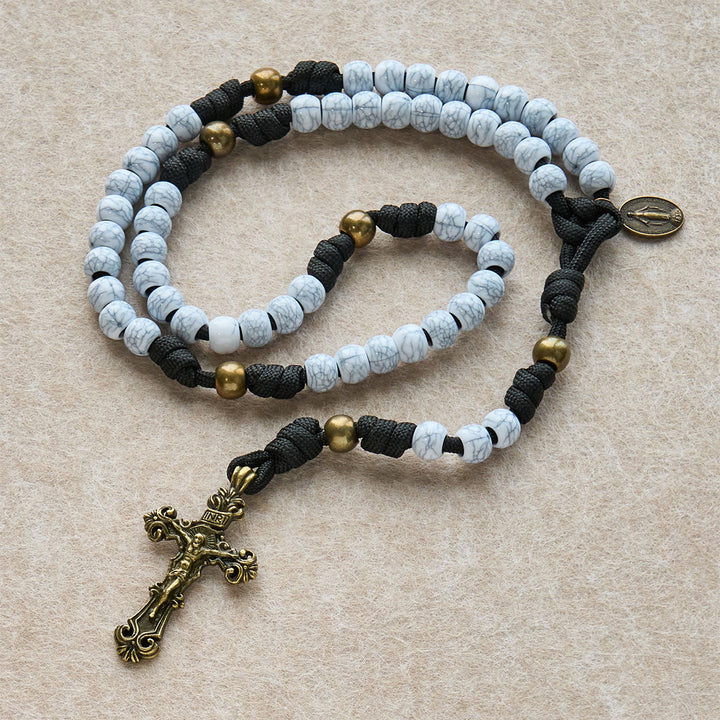 Christianartworkshop Matte White Crackle Beads with Ornate Brass Crucifix Rosary, Pocket Rosary - Rosary - image 0