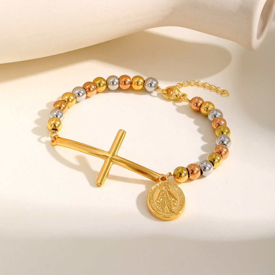 Christianartworkshop Cross & Our Lady Beaded Bracelet: Spiritual Symbol with Polished Elegance - Golden & Silver - image 0