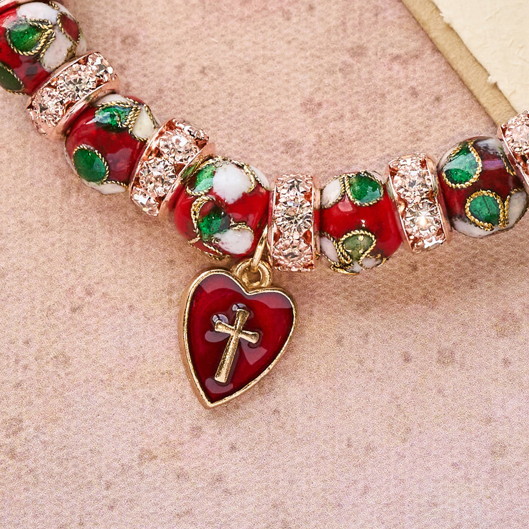 Christianartworkshop Enamel Craft Red Bead Bracelet with Cross Heart Pendant - image 8