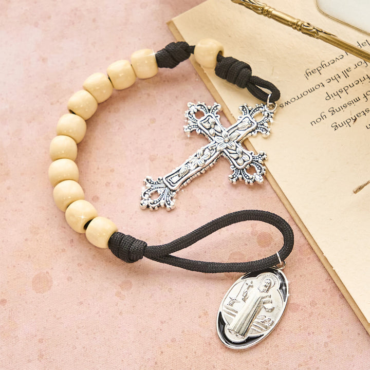 Christianartworkshop Wood Beads Pocket Rosary with Protection of St. Benedict - image 2