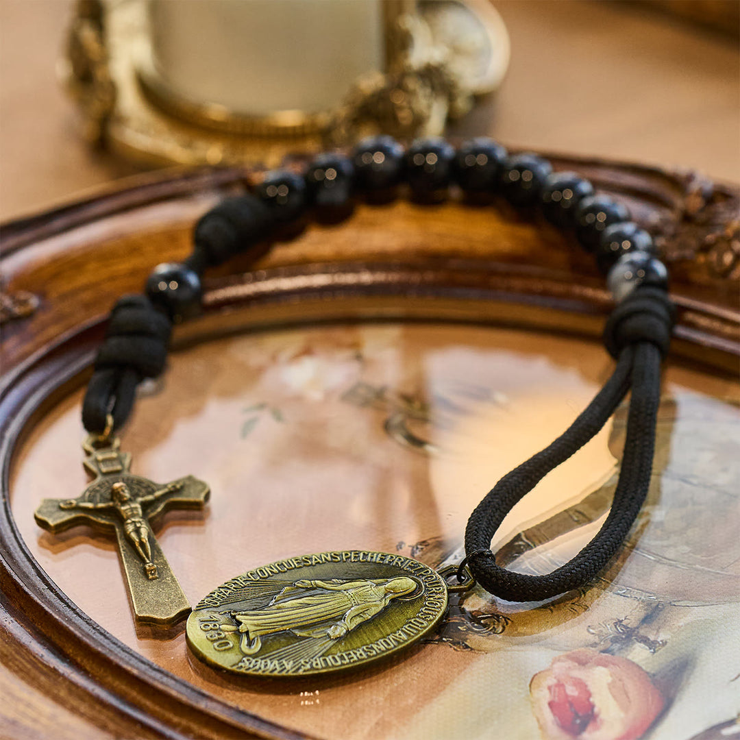 Christianartworkshop Classic Black Portable Faith Rosary with Bronze Our Lady with Crucifix - Our Lady & Crucifix - image 0