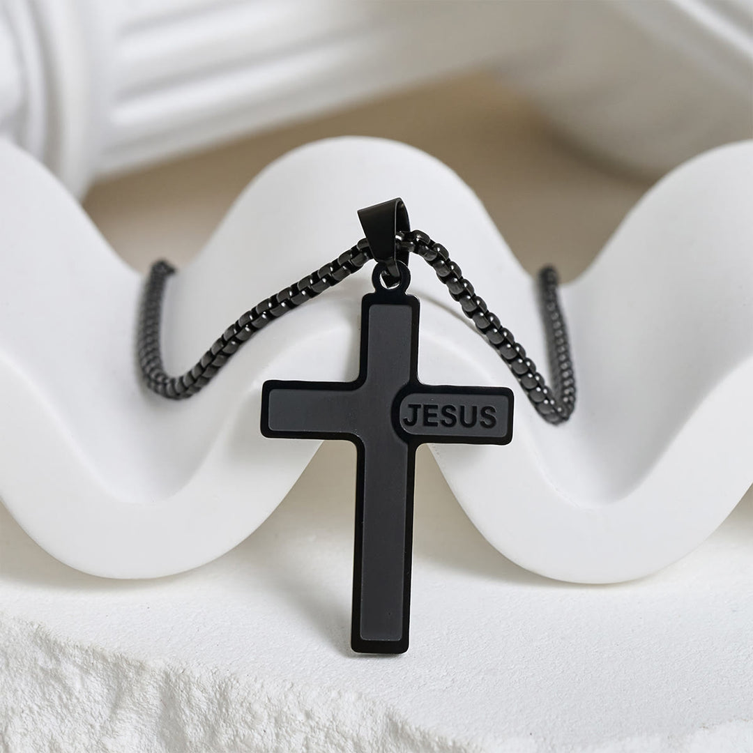 Christianartworkshop Minimalist Cross Necklace with "JESUS" Detail: Understated Expression of Faith - Black - image 8