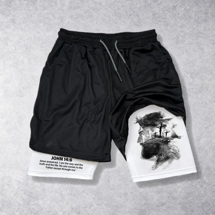Christianartworkshop John 14:6 Faith Performance Shorts with Jesus & Cross Design: Wear Devotion Daily - US/UK/AU40, EU54 - image 0
