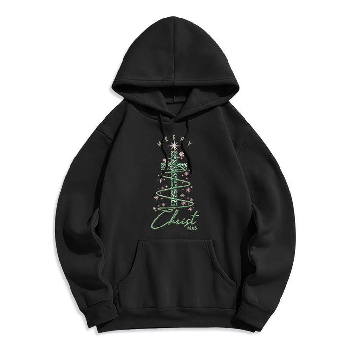 Christianartworkshop Shimmering Cross-Shaped Christmas Tree Fleece Lined Polyester Hoodie - Black - 2XL - image 2