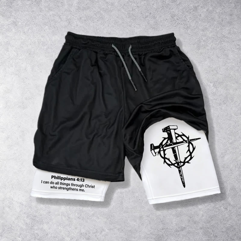 Christianartworkshop Philippians 4:13 Faith Performance Shorts with Nail & Crown Cross - 3XL - image 0