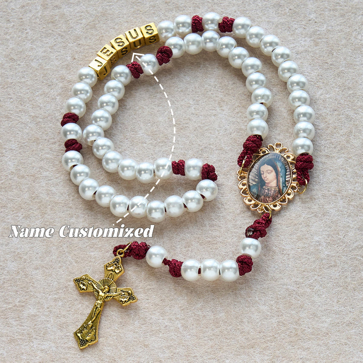 Christianartworkshop Graceful White Custom Rosary with Burgundy Paracord & Personalized JESUS Letters - Name Customized(All in capitals) - image 3