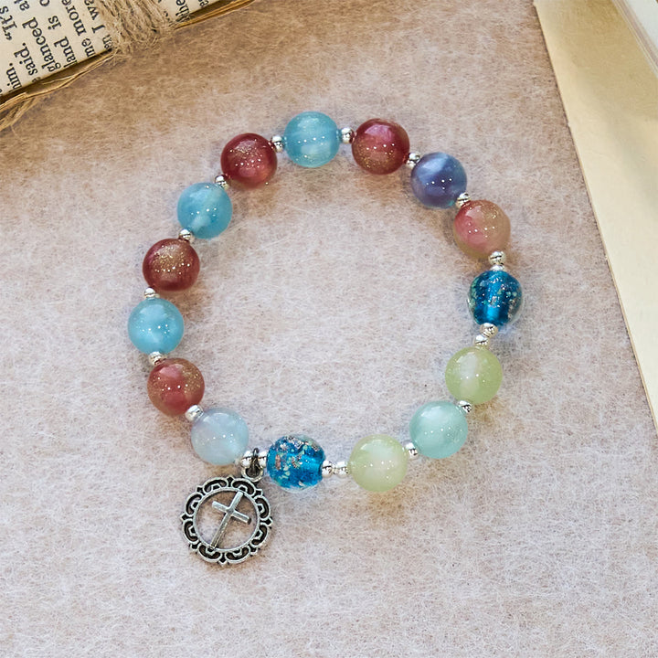 Christianartworkshop UV-Changing Glitter Bead Bracelet with Ornate Cross: Shimmer in Faithful Hues - Wrist Circumference: 7.87''/20cm(adjustable) - image 0