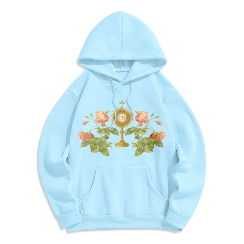 Christianartworkshop IHS & Rose Graphic Faith Fleece Lined Polyester Hoodie - Blue - 2XL - image 2