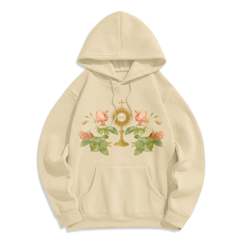 Christianartworkshop IHS & Rose Graphic Faith Fleece Lined Polyester Hoodie - Beige - 2XL - image 3
