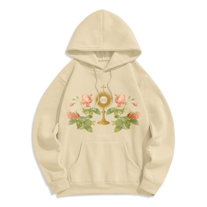 Christianartworkshop IHS & Rose Graphic Faith Fleece Lined Polyester Hoodie - Beige - 2XL - image 3