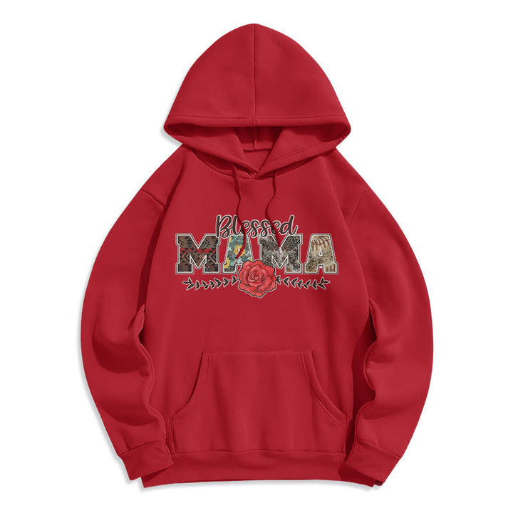 Christianartworkshop Blessed Mama & Rose Graphic Fleece Lined Polyester Hoodie - Red - 2XL - image 7