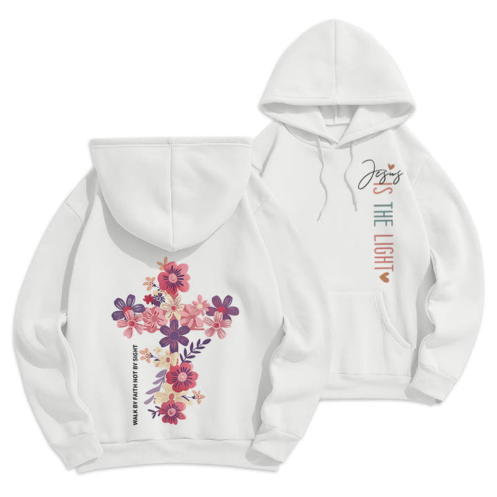 Christianartworkshop Jesus is the Light Floral Cross Faith Fleece Lined Polyester Hoodie - White - 2XL - image 15