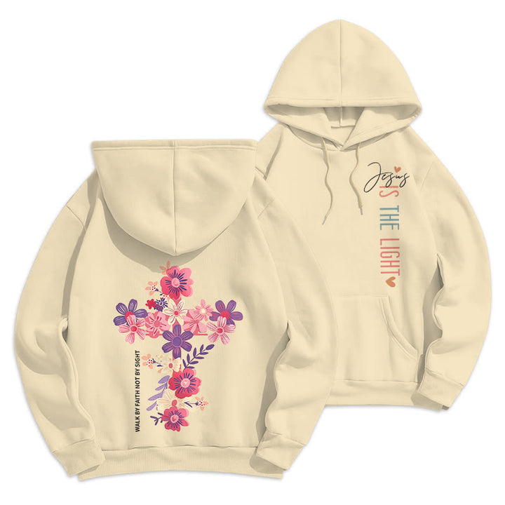 Christianartworkshop Jesus is the Light Floral Cross Faith Fleece Lined Polyester Hoodie - Beige - 2XL - image 9