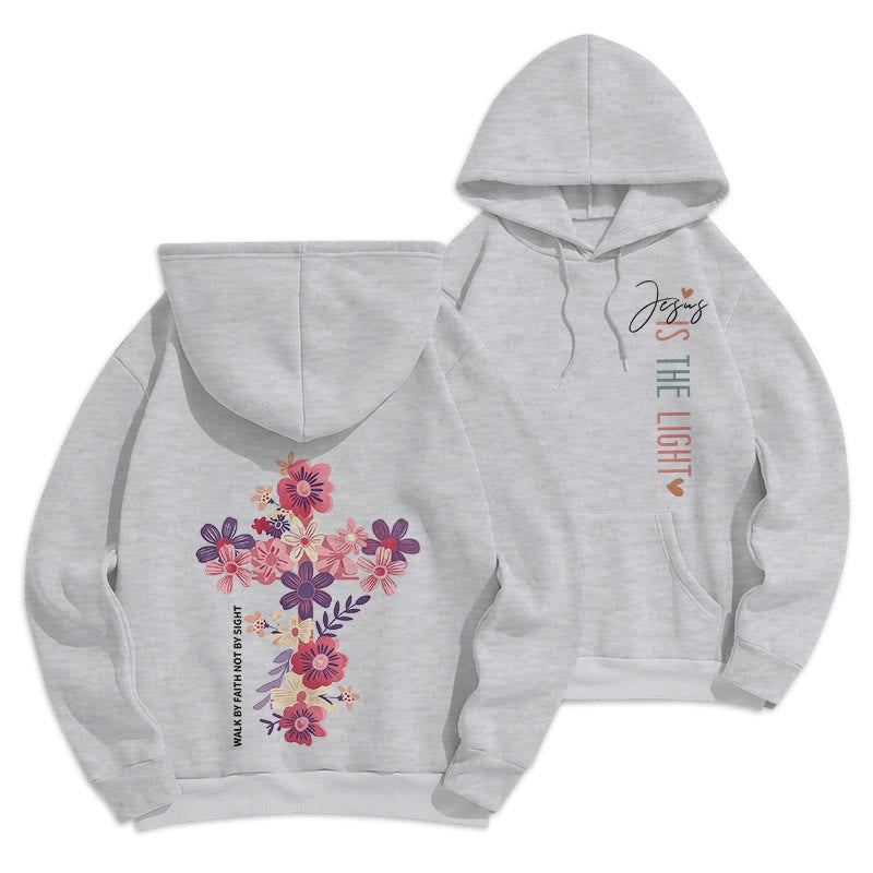 Christianartworkshop Jesus is the Light Floral Cross Faith Fleece Lined Polyester Hoodie - Grey - 2XL - image 12