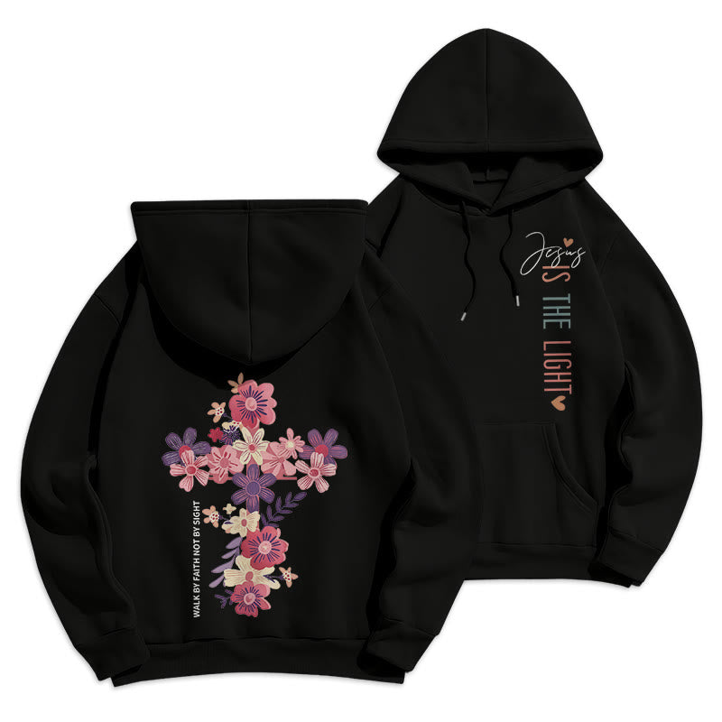Christianartworkshop Jesus is the Light Floral Cross Faith Fleece Lined Polyester Hoodie - Black - 2XL - image 22