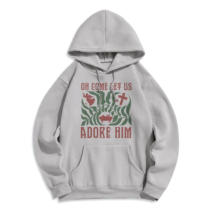 Christianartworkshop Oh Come Let Us Adore Him Christmas Tree Faith Fleece Lined Polyester Hoodie - Grey - 2XL - image 5