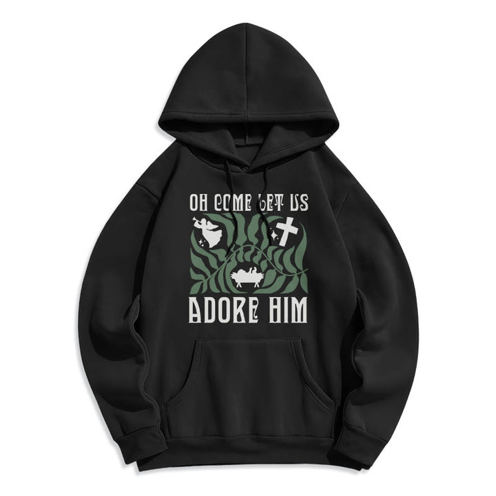 Christianartworkshop Oh Come Let Us Adore Him Christmas Tree Faith Fleece Lined Polyester Hoodie - Black - 2XL - image 8