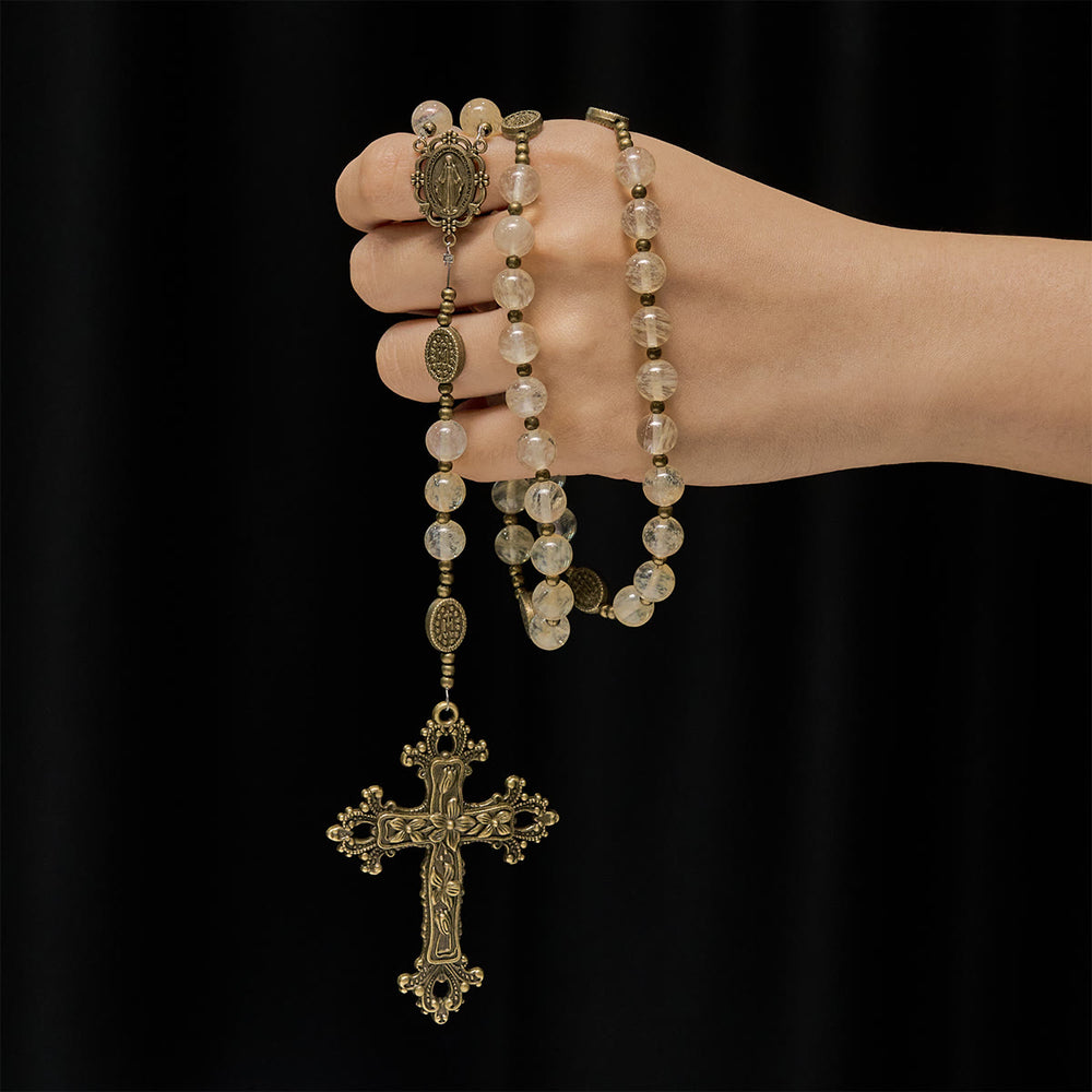 Christianartworkshop Vintage Style Amber Glass Beads Rosary: Miraculous Medal & Ornate Cross - image 1