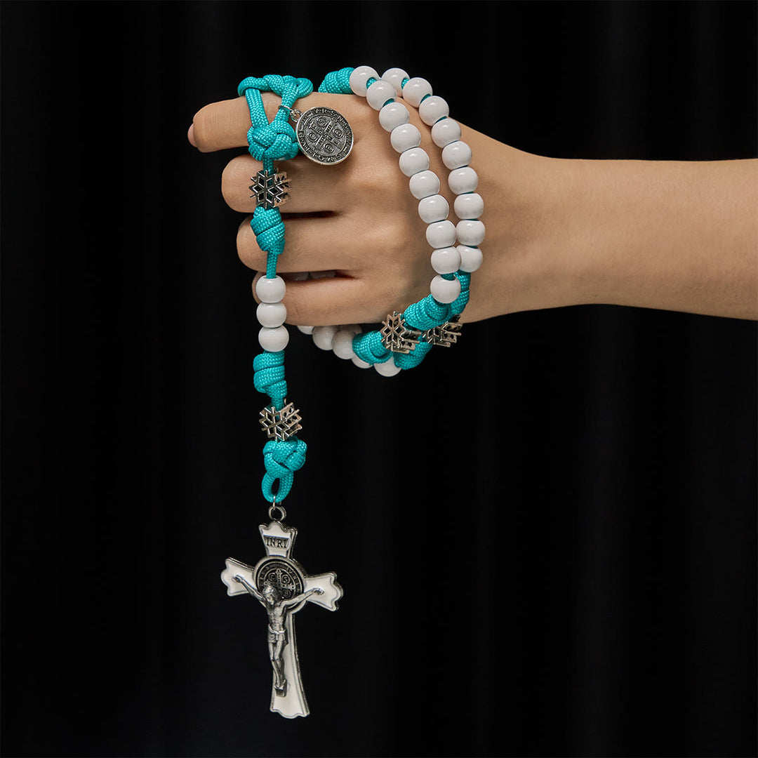 Christianartworkshop Winter White Bead Paracord Rosary: Snowflakes Accents & Sacred Christ Crucifix - image 1