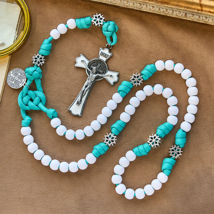 Christianartworkshop Winter White Bead Paracord Rosary: Snowflakes Accents & Sacred Christ Crucifix - image 3