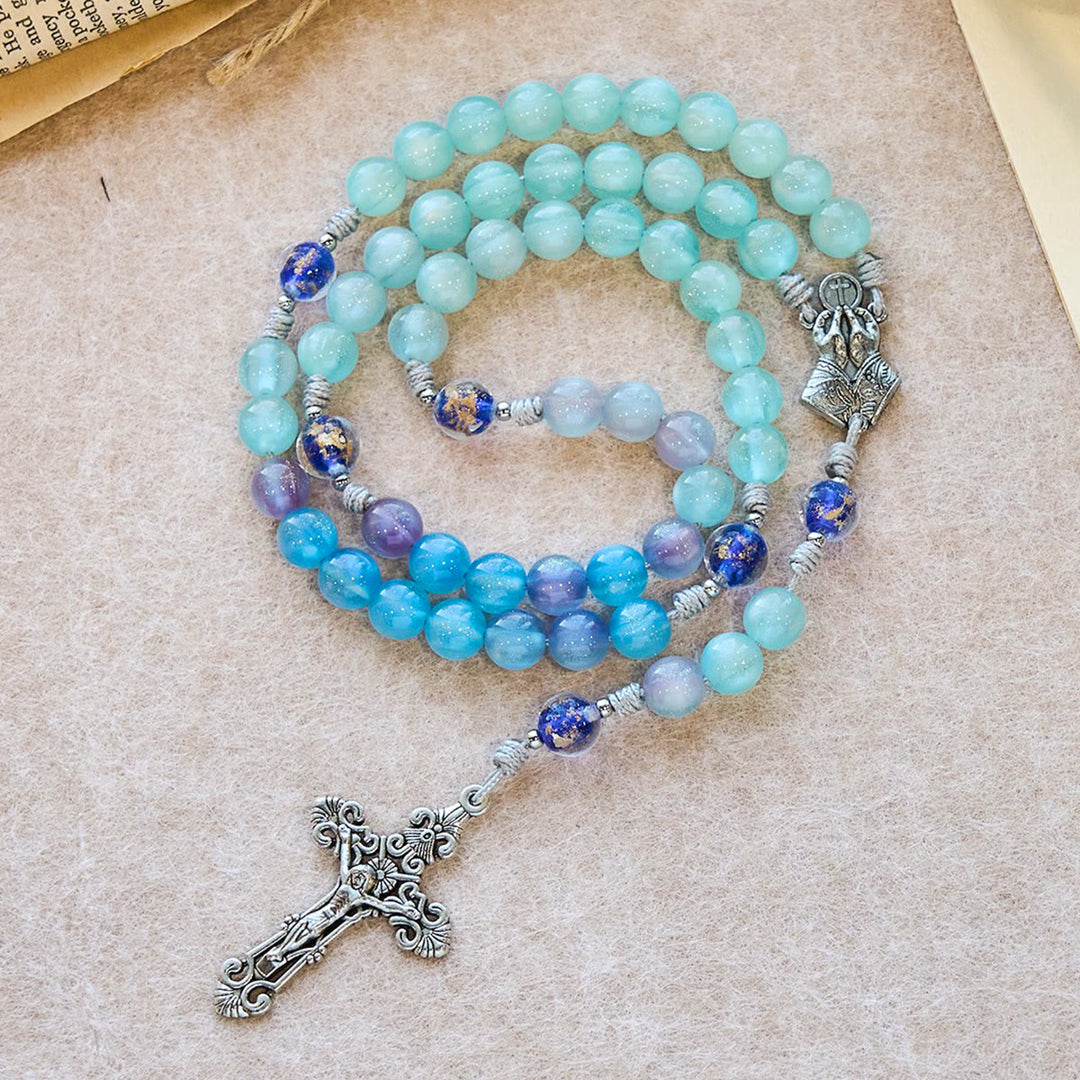 Christianartworkshop Aqua Starlight UV-Color Shift Cyan Rosary: Christ Cross & Light-Responsive Devotion - UV-color shift - image 0