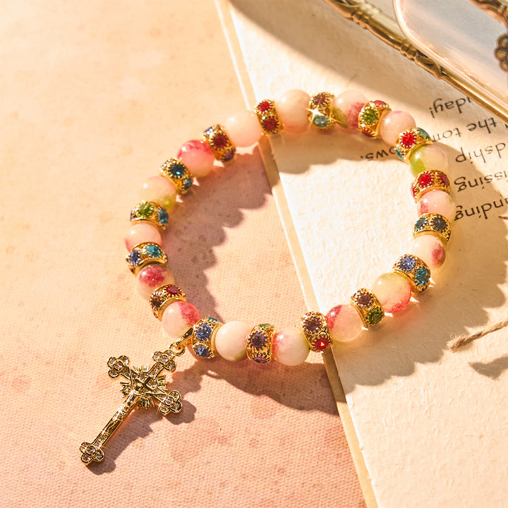 Christianartworkshop Devotional Tourmaline Sparkling Bracelet with Ornate Golden Crucifix - Wrist Circumference: 6.69"-8.27'/17-21cm - image 0