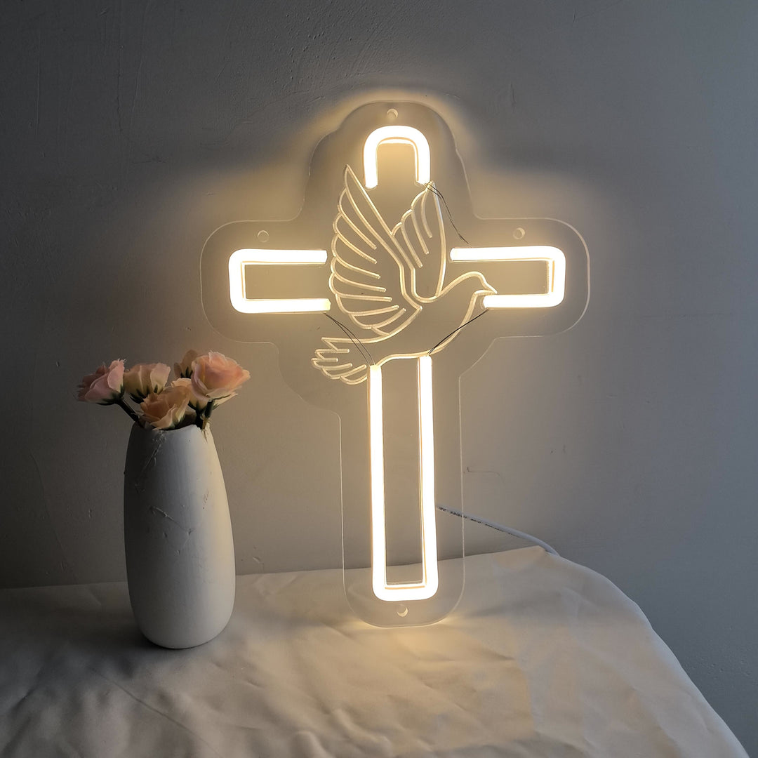 Christianartworkshop Glowing Cross with Dove Neon Decor: Divine Grace Token for Home Interiors - Cross Light - image 0