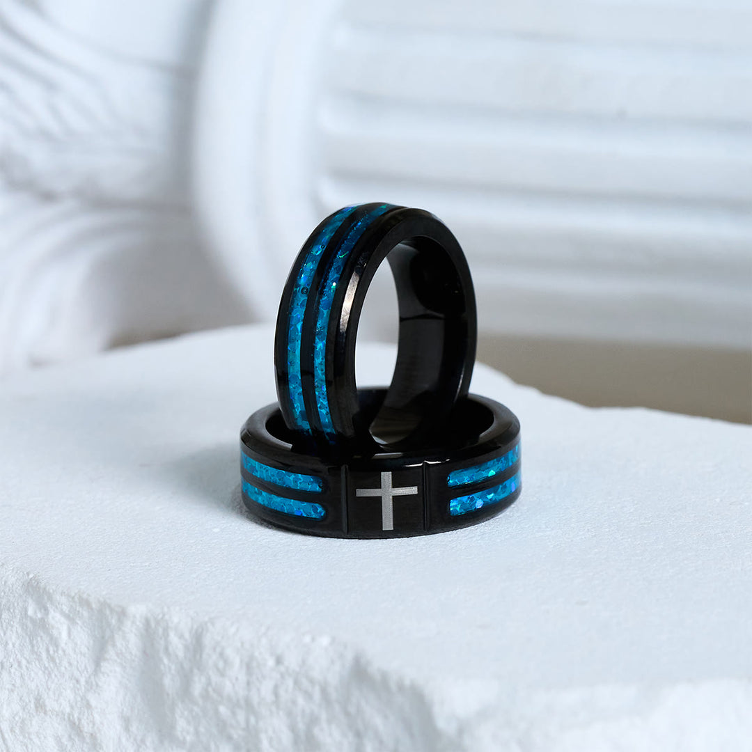 Christianartworkshop Modern Titanium Steel Cross Ring with Laser Blue Inlay: Serenity in Christ's Blue Light - image 5