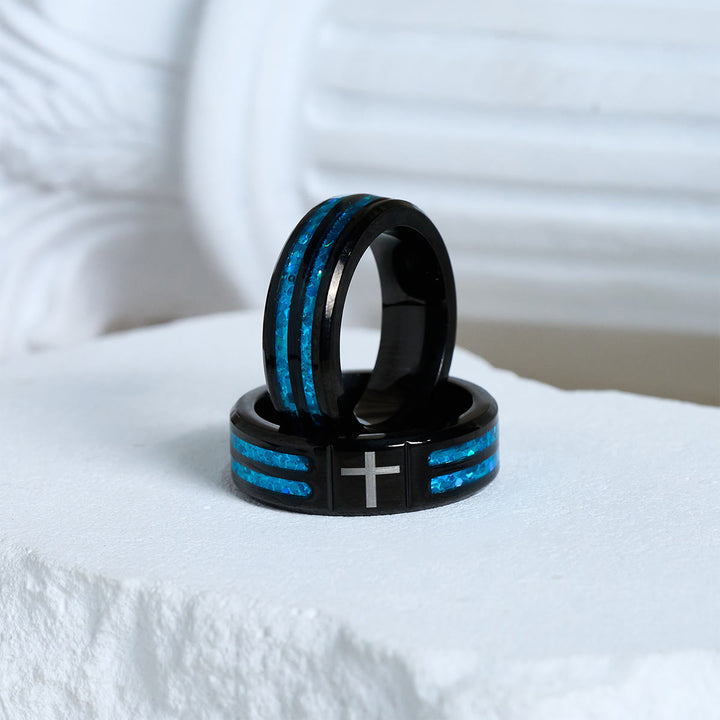 Christianartworkshop Modern Titanium Steel Cross Ring with Laser Blue Inlay: Serenity in Christ's Blue Light - image 5