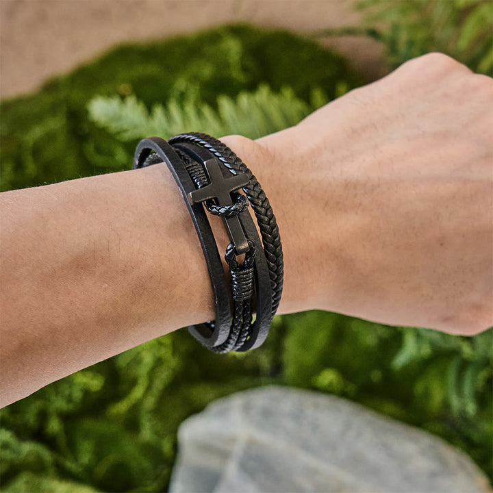 Christianartworkshop Tri - Color Stainless Steel Cross & Braided Leather Fashion Bracelet - image 1