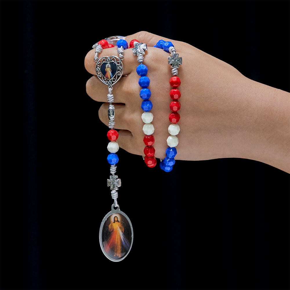 Christianartworkshop Patriotic Tricolor Devotional Rosary with Our Lady & Divine Mercy Sacred Medal - image 1