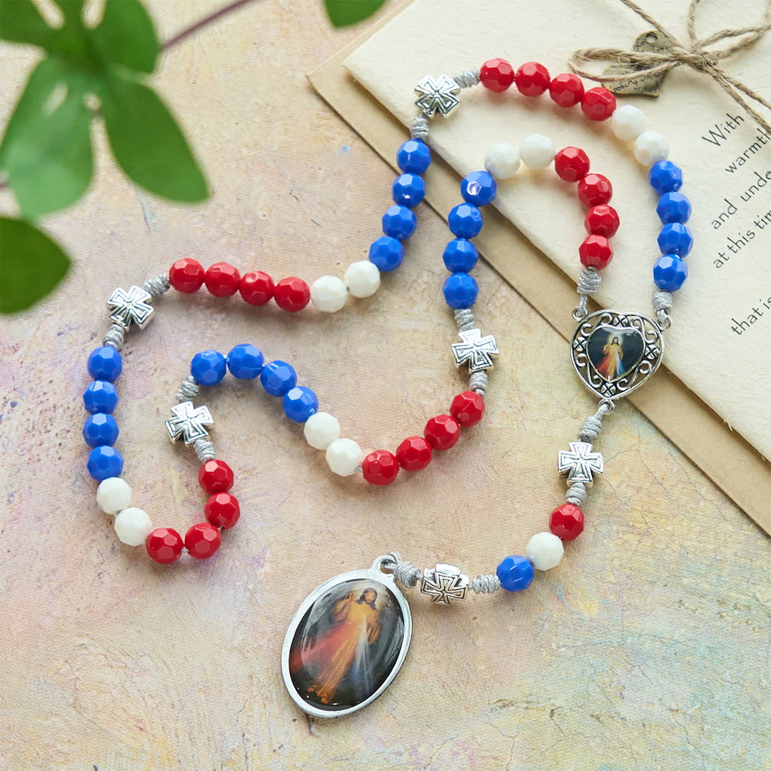 Christianartworkshop Patriotic Tricolor Devotional Rosary with Our Lady & Divine Mercy Sacred Medal - Our Lady & Divine Mercy - image 0