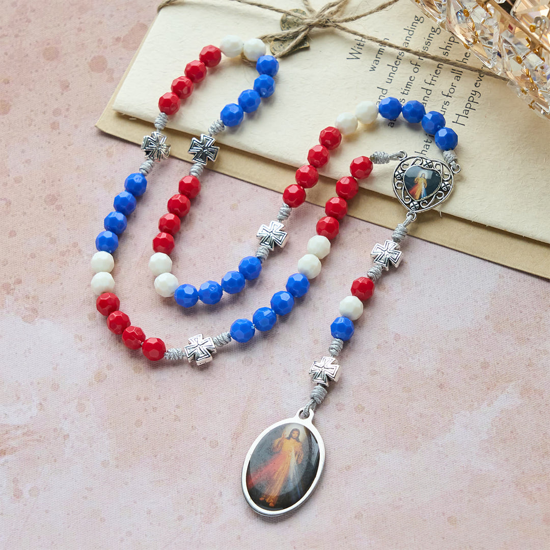 Christianartworkshop Patriotic Tricolor Devotional Rosary with Our Lady & Divine Mercy Sacred Medal - image 4