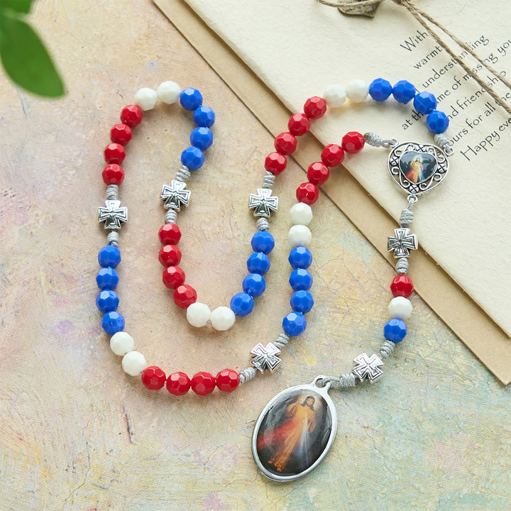 Christianartworkshop Patriotic Tricolor Devotional Rosary with Our Lady & Divine Mercy Sacred Medal - image 5