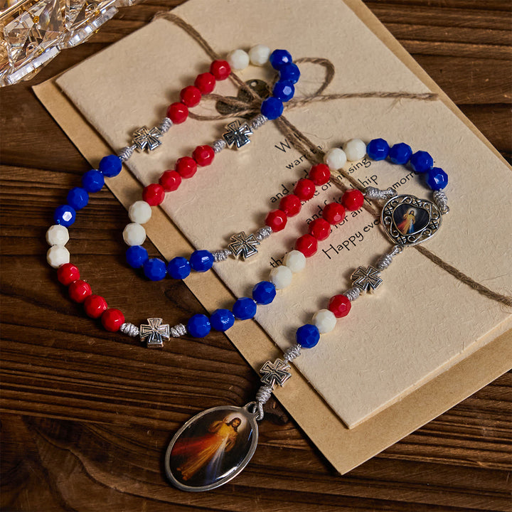 Christianartworkshop Patriotic Tricolor Devotional Rosary with Our Lady & Divine Mercy Sacred Medal - image 2
