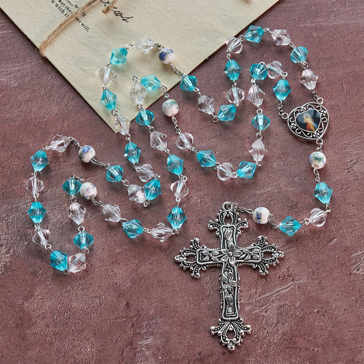 Christianartworkshop Blessed Aqua & White Devotion Rosary with Our Lady Heart Charm: Merge Light and Faith - Aqua & White - image 0