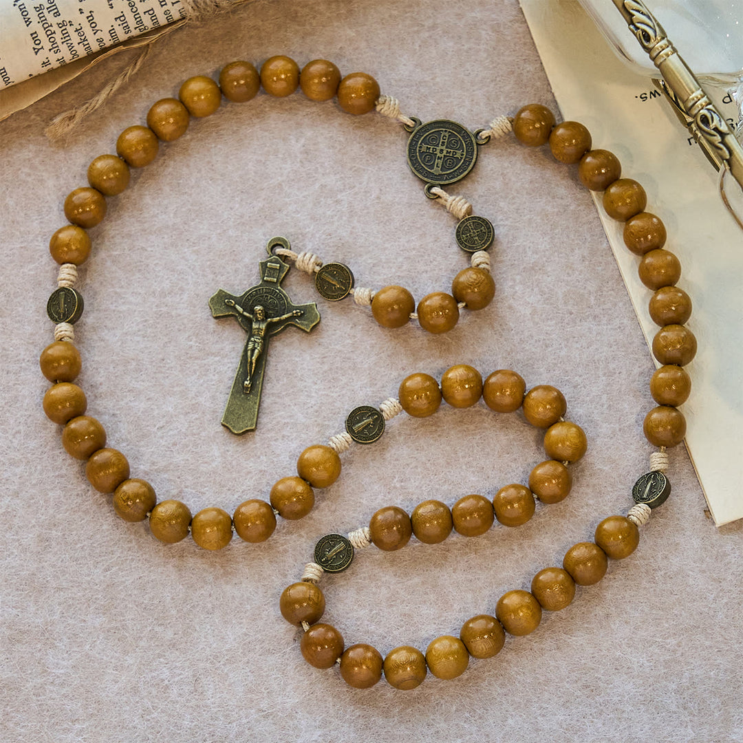 Christianartworkshop Blessed St. Benedict Guardian Rosary: Peach Wood Beads & Holy Crucifix - image 5