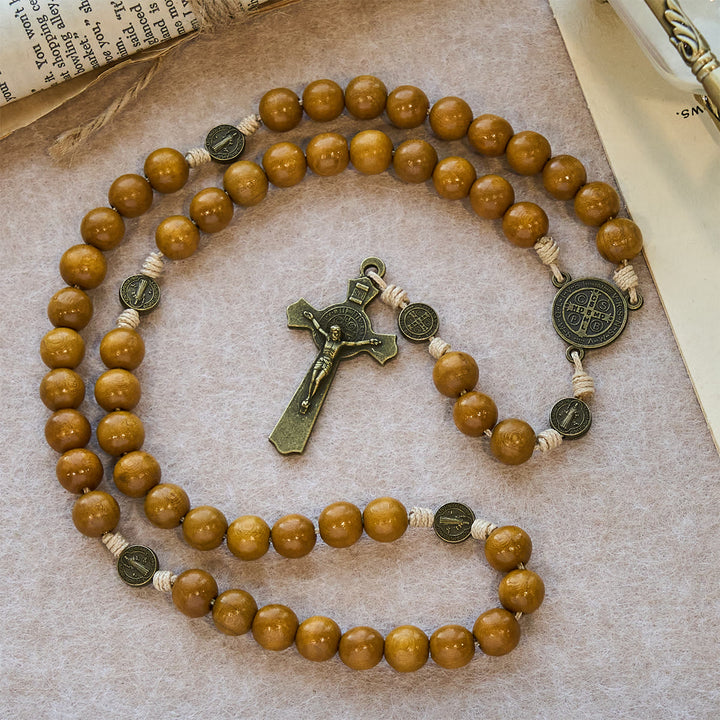Christianartworkshop Blessed St. Benedict Guardian Rosary: Peach Wood Beads & Holy Crucifix - image 6